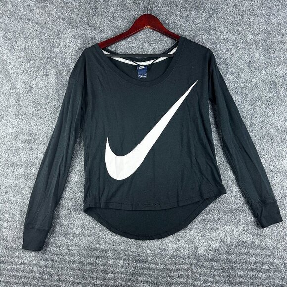 Nike Tops - Nike Top Womens Medium Black White Swoosh Logo Tee Long Sleeve Curved Hem